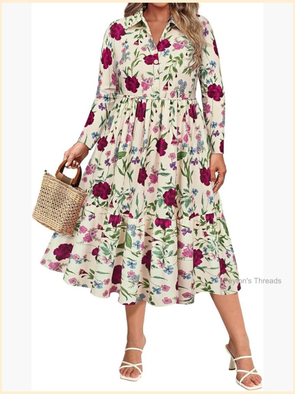 Plus Size Collared V-Neck Long Sleeve Midi Dress with Pockets XL-5XL